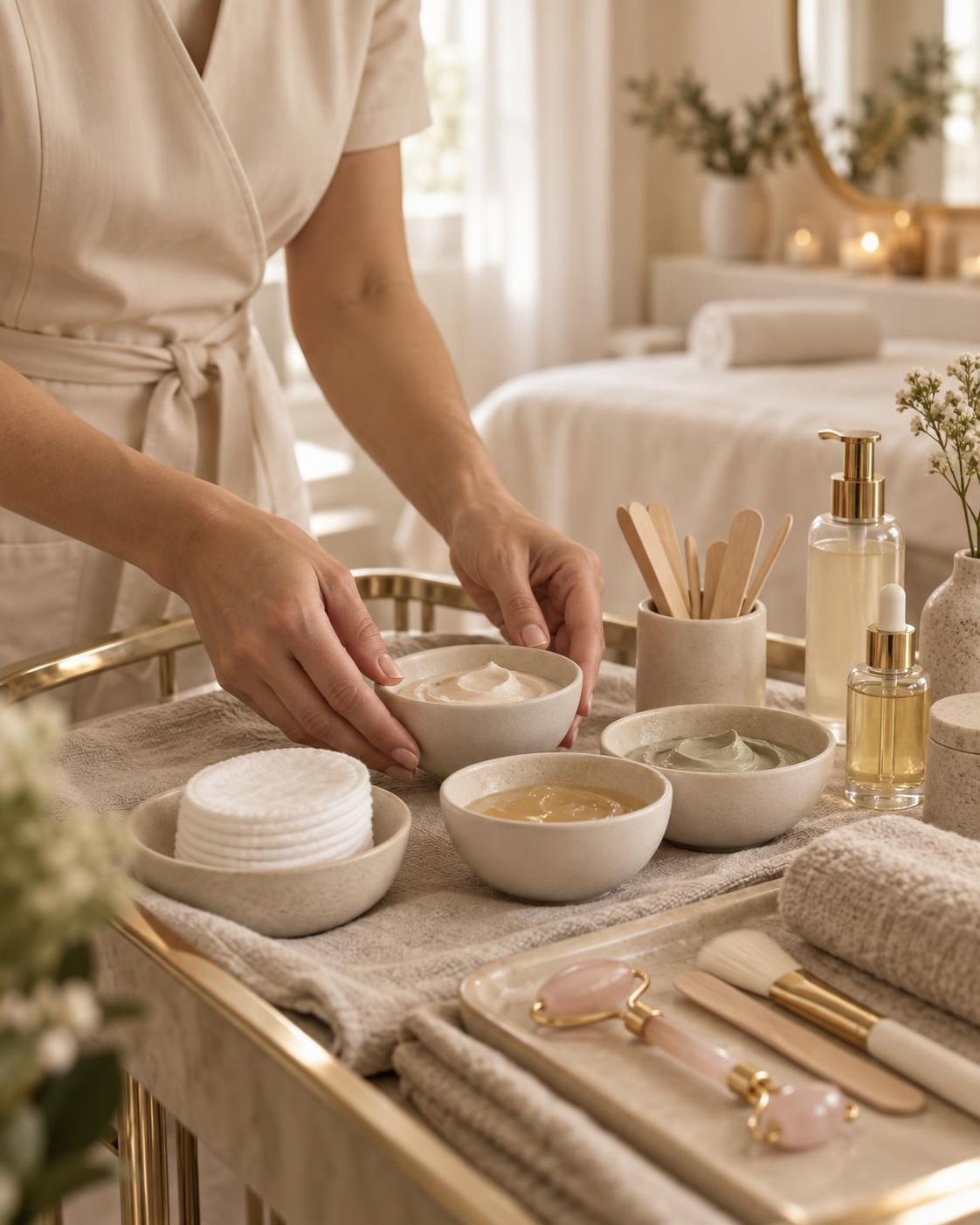 Vassoio di preparazione con creme e cotone per un trattamento viso