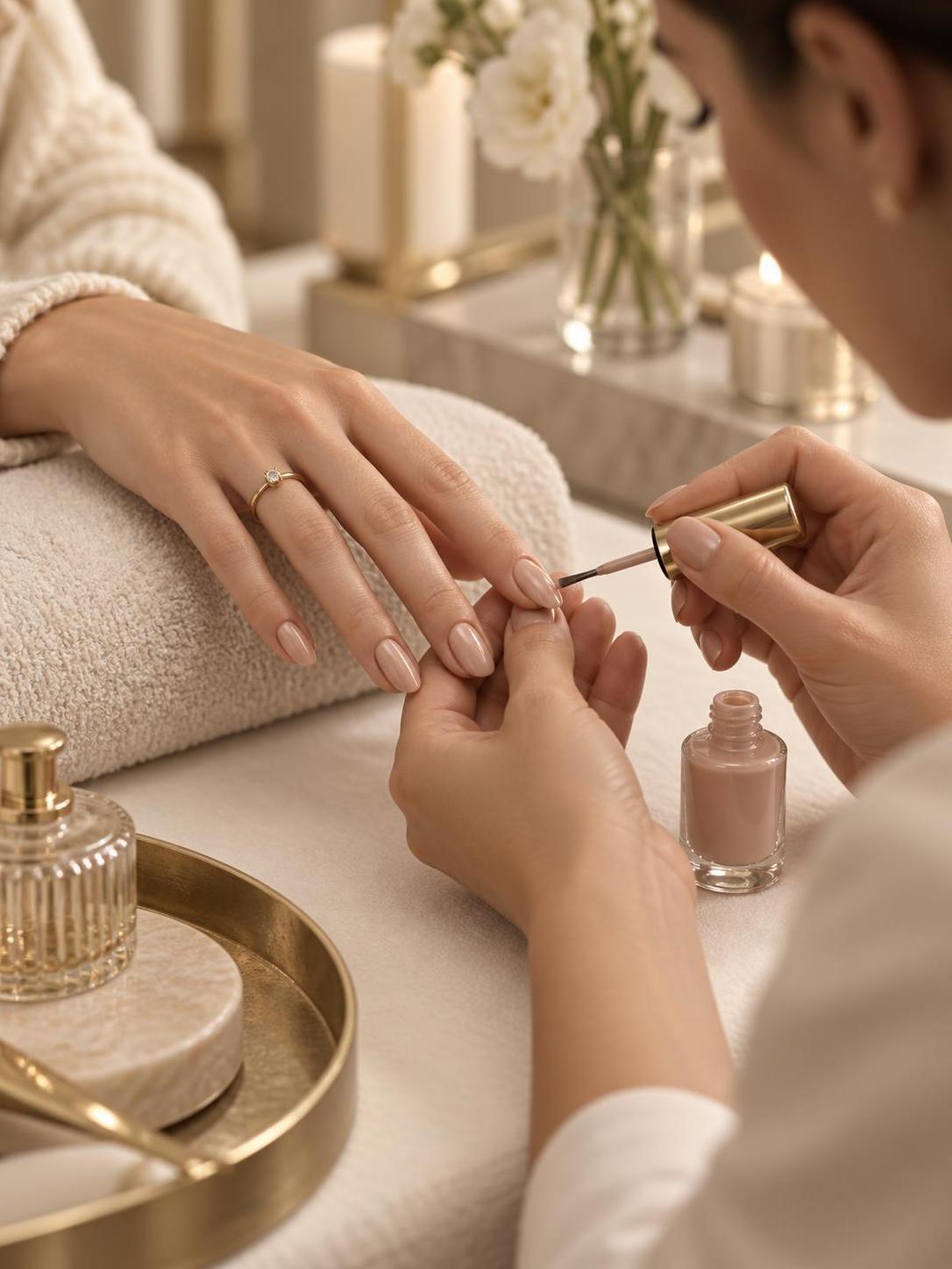Manicure curata con smalto nude applicato con precisione