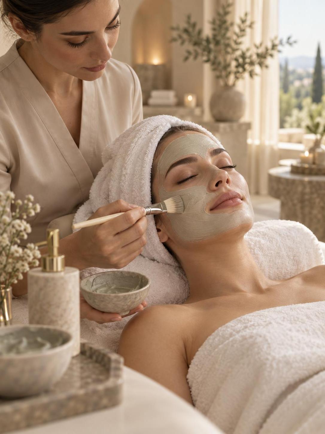 Trattamento viso con maschera applicata da un'estetista