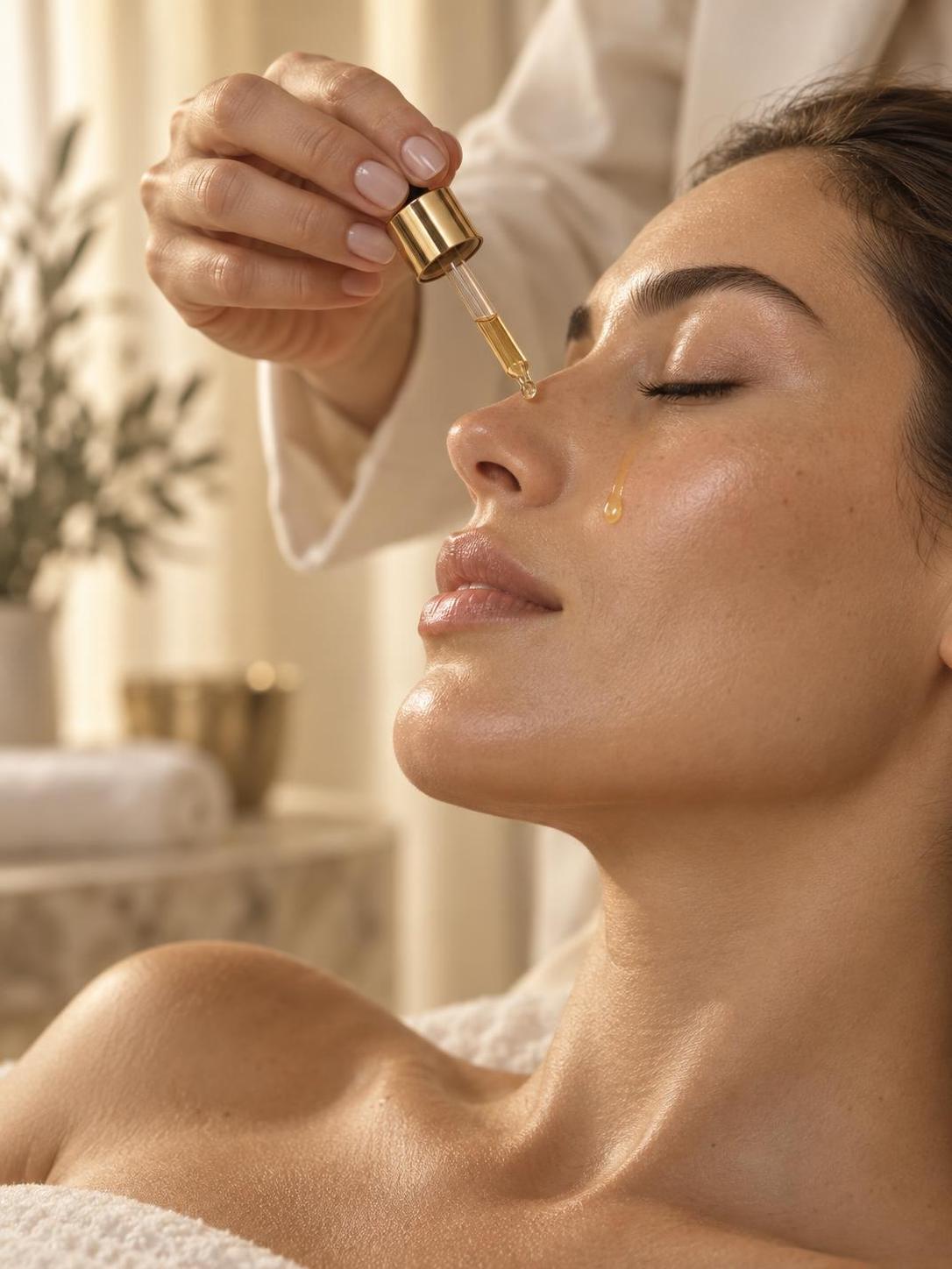 Dettaglio di un trattamento viso: siero applicato con delicatezza sulla pelle