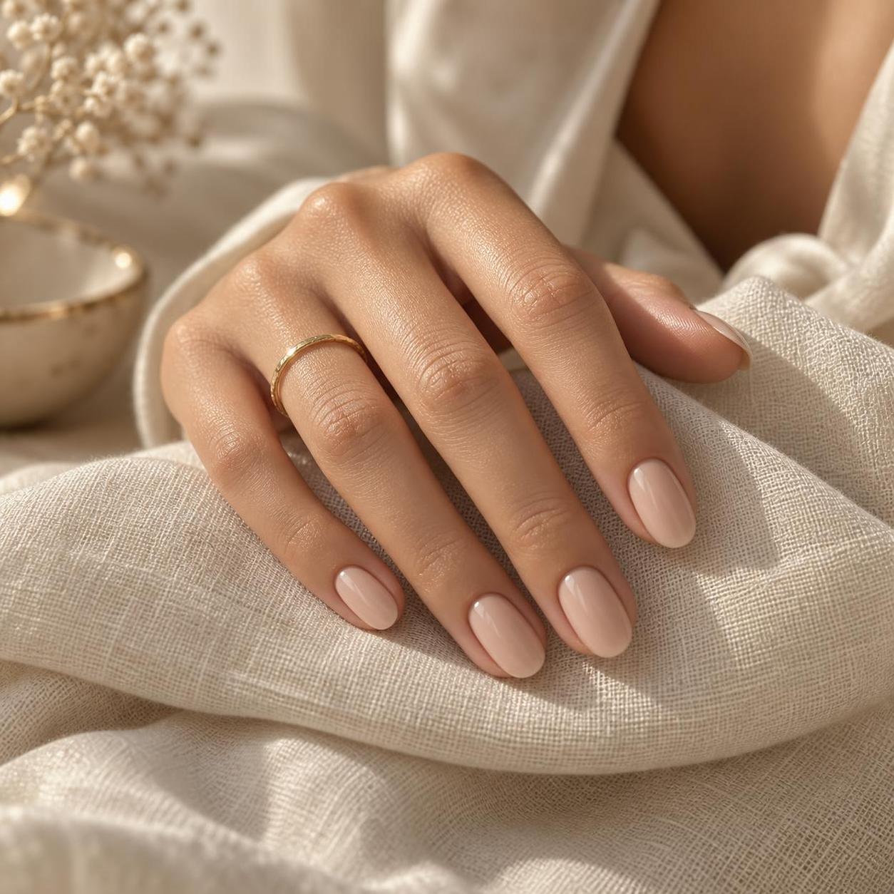 Mano con manicure nude fresca su lino avorio