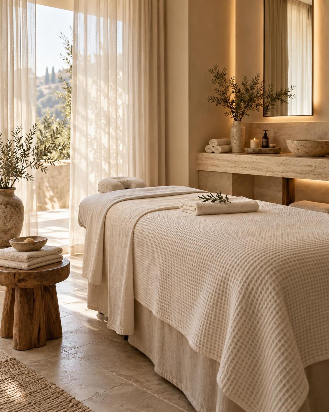 Cabina trattamento con lettino e tessuti crema