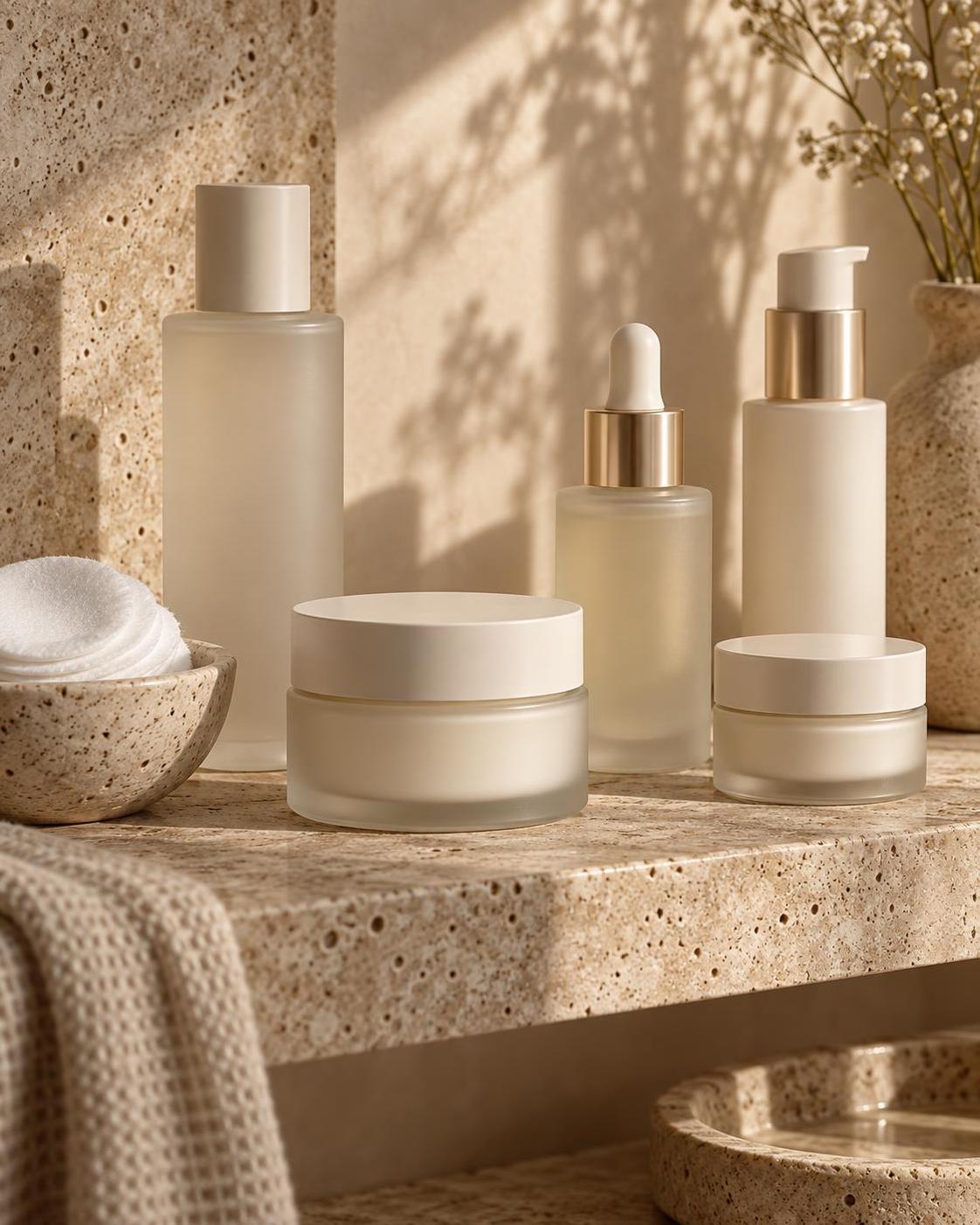 Prodotti skincare professionali su mensola in travertino
